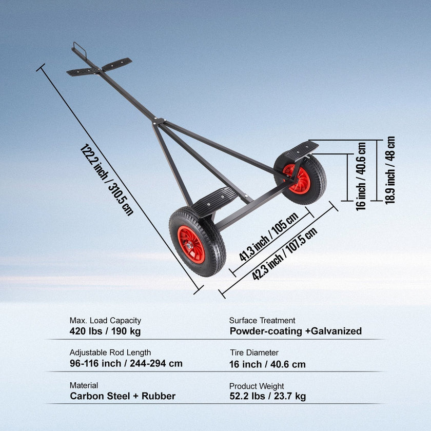 VEVOR Boat Trailer Dolly 420lbs Load Capacity, Carbon Steel Trailer Mover with 96''-116'' Adjustable Length, 16'' Pneumatic Tires & Nonslip Support Bracket, for Moving Kayak Motorboat Fishing Boat
