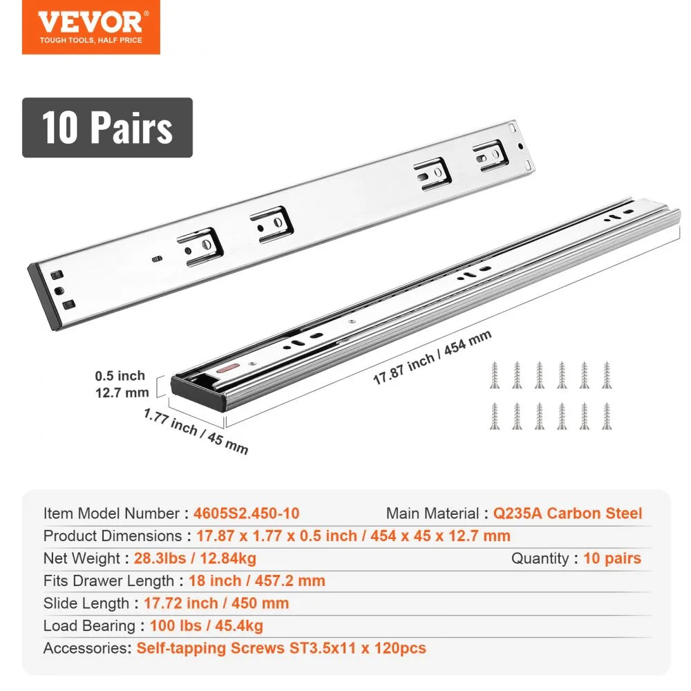 VEVOR Drawer Slides Side Mount Rails, Soft-Close10 Pairs 18 Inch, Heavy Duty Full Extension Steel Track, Noiseless Guide Glides Cabinet Kitchen Runners with Ball Bearing, 100 Lbs Load Capacity