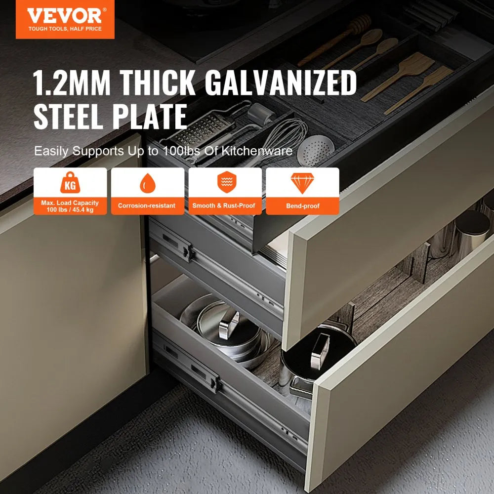 VEVOR Drawer Slides Side Mount Rails, Soft-Close 6 Pairs 24 Inch, Heavy Duty Full Extension Steel Track, Noiseless Guide Glides Cabinet Kitchen Runners with Ball Bearing, 100 Lbs Load Capacity