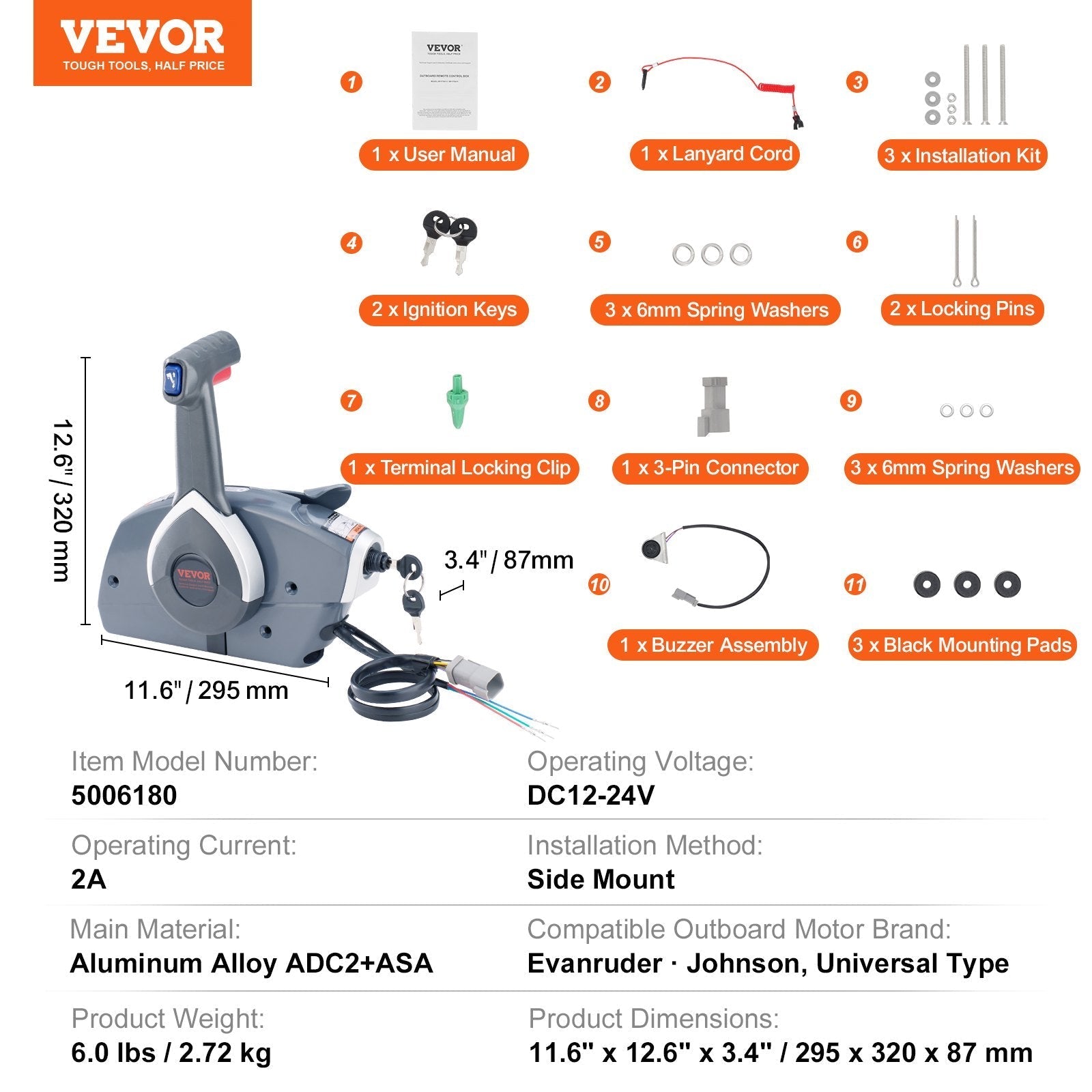 VEVOR Boat Throttle Control, 5006180 Side-Mounted Outboard Remote Control Box for Evinrude Johnson, Marine Throttle Control Box with Power Trim Switch and Lanyard