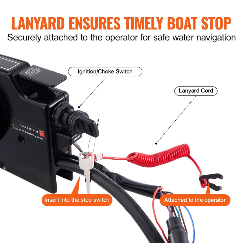 VEVOR Boat Throttle Control, 881170A15 Side-Mounted Outboard Remote Control Box for Mercury PT 2-Stroke, Marine Throttle Control Box with Power Trim Switch, 16.3 ft Harness 8+4 Pin, and Lanyard