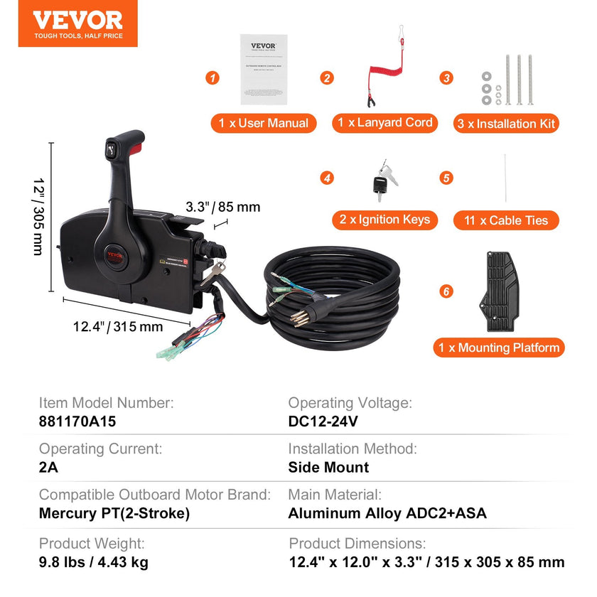 VEVOR Boat Throttle Control, 881170A15 Side-Mounted Outboard Remote Control Box for Mercury PT 2-Stroke, Marine Throttle Control Box with Power Trim Switch, 16.3 ft Harness 8+4 Pin, and Lanyard