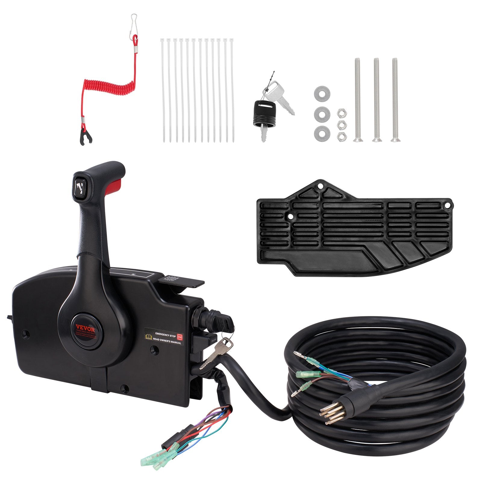 VEVOR Boat Throttle Control, 881170A15 Side-Mounted Outboard Remote Control Box for Mercury PT 2-Stroke, Marine Throttle Control Box with Power Trim Switch, 16.3 ft Harness 8+4 Pin, and Lanyard