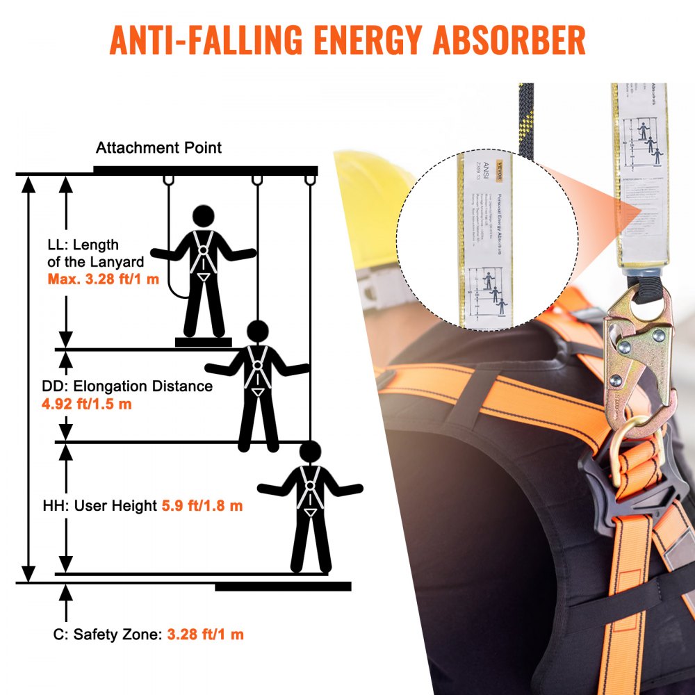 VEVOR Vertical Lifeline Assembly, 0.55'' x 100' Fall Protection Rope with 30 KN Breaking Tension, Polyester Roofing Rope with Steel Snap Hooks, Rope Grab, and Shock Absorber, ANSI Compliant