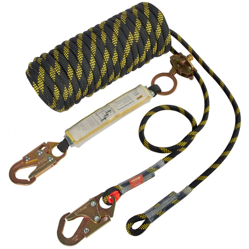VEVOR Vertical Lifeline Assembly, 0.55'' x 100' Fall Protection Rope with 30 KN Breaking Tension, Polyester Roofing Rope with Steel Snap Hooks, Rope Grab, and Shock Absorber, ANSI Compliant
