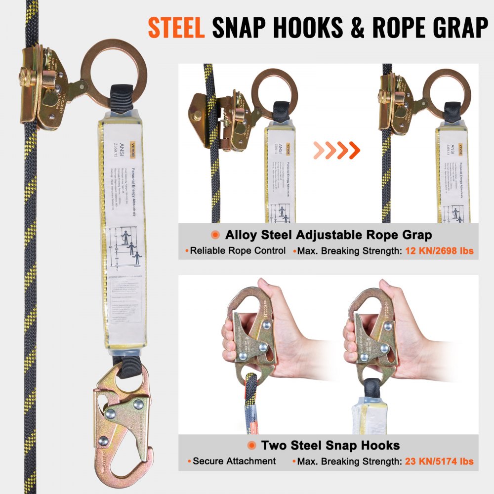 VEVOR Vertical Lifeline Assembly, 0.55'' x 25' Fall Protection Rope with 30 KN Breaking Tension, Polyester Roofing Rope with Steel Snap Hooks, Rope Grab, and Shock Absorber, ANSI Compliant