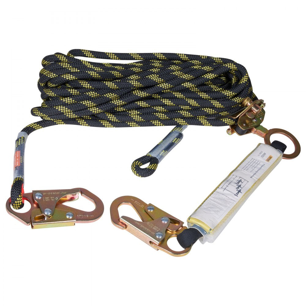 VEVOR Vertical Lifeline Assembly, 0.55'' x 25' Fall Protection Rope with 30 KN Breaking Tension, Polyester Roofing Rope with Steel Snap Hooks, Rope Grab, and Shock Absorber, ANSI Compliant