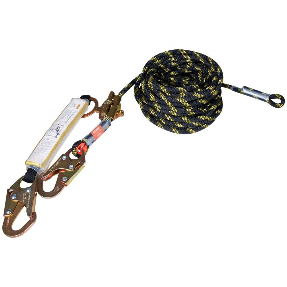 VEVOR Vertical Lifeline Assembly, 0.55'' x 25' Fall Protection Rope with 30 KN Breaking Tension, Polyester Roofing Rope with Steel Snap Hooks, Rope Grab, and Shock Absorber, ANSI Compliant
