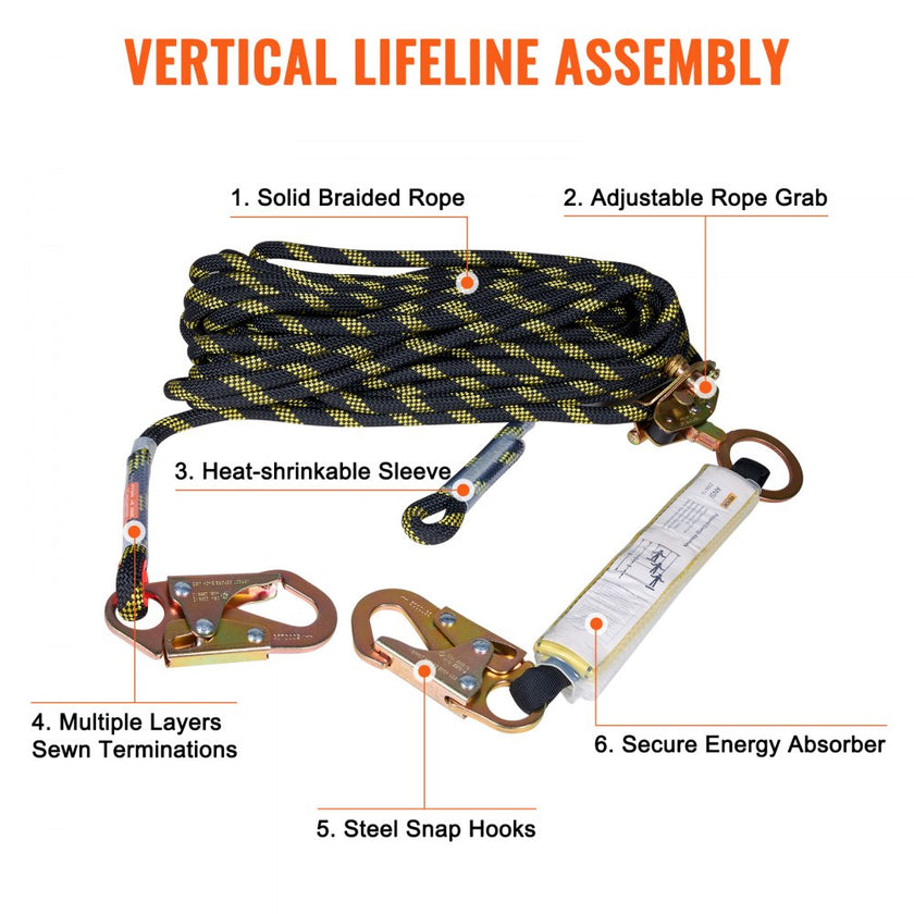 VEVOR Vertical Lifeline Assembly, 0.55'' x 50' Fall Protection Rope with 30 KN Breaking Tension, Polyester Roofing Rope with Steel Snap Hooks, Rope Grab, and Shock Absorber, ANSI Compliant