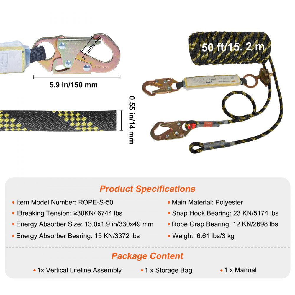 VEVOR Vertical Lifeline Assembly, 0.55'' x 50' Fall Protection Rope with 30 KN Breaking Tension, Polyester Roofing Rope with Steel Snap Hooks, Rope Grab, and Shock Absorber, ANSI Compliant