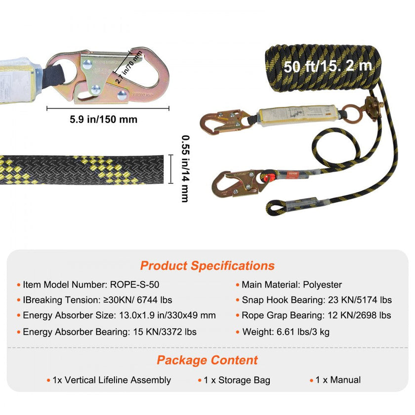 VEVOR Vertical Lifeline Assembly, 0.55'' x 50' Fall Protection Rope with 30 KN Breaking Tension, Polyester Roofing Rope with Steel Snap Hooks, Rope Grab, and Shock Absorber, ANSI Compliant