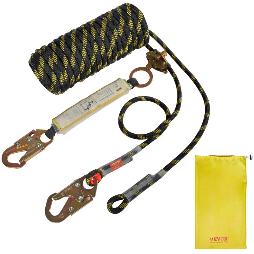 VEVOR Vertical Lifeline Assembly, 0.55'' x 50' Fall Protection Rope with 30 KN Breaking Tension, Polyester Roofing Rope with Steel Snap Hooks, Rope Grab, and Shock Absorber, ANSI Compliant