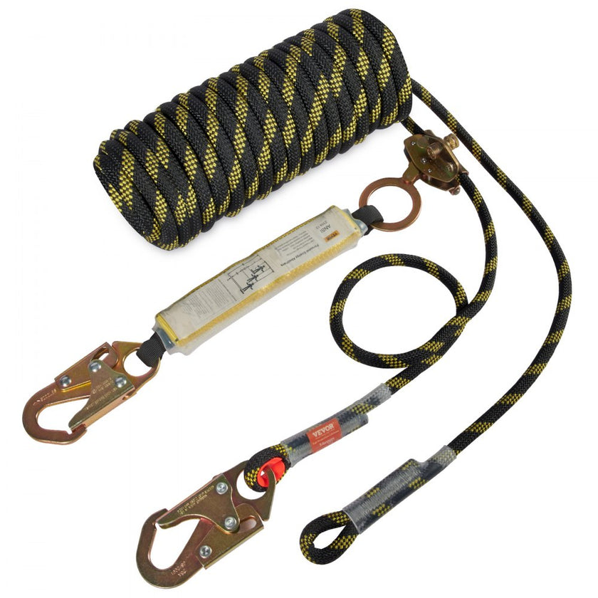 VEVOR Vertical Lifeline Assembly, 0.55'' x 50' Fall Protection Rope with 30 KN Breaking Tension, Polyester Roofing Rope with Steel Snap Hooks, Rope Grab, and Shock Absorber, ANSI Compliant