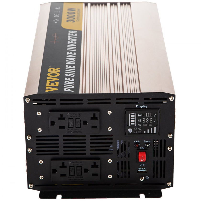 VEVOR Pure Sine Wave Inverter, 3000 Watt Power Inverter, DC 12V to AC 110V Car Inverter, with LCD Display, 5V USB Port, AC Outlets (GFCI) Power Converter, for Car, RV Truck,Solar System,Travel Camping