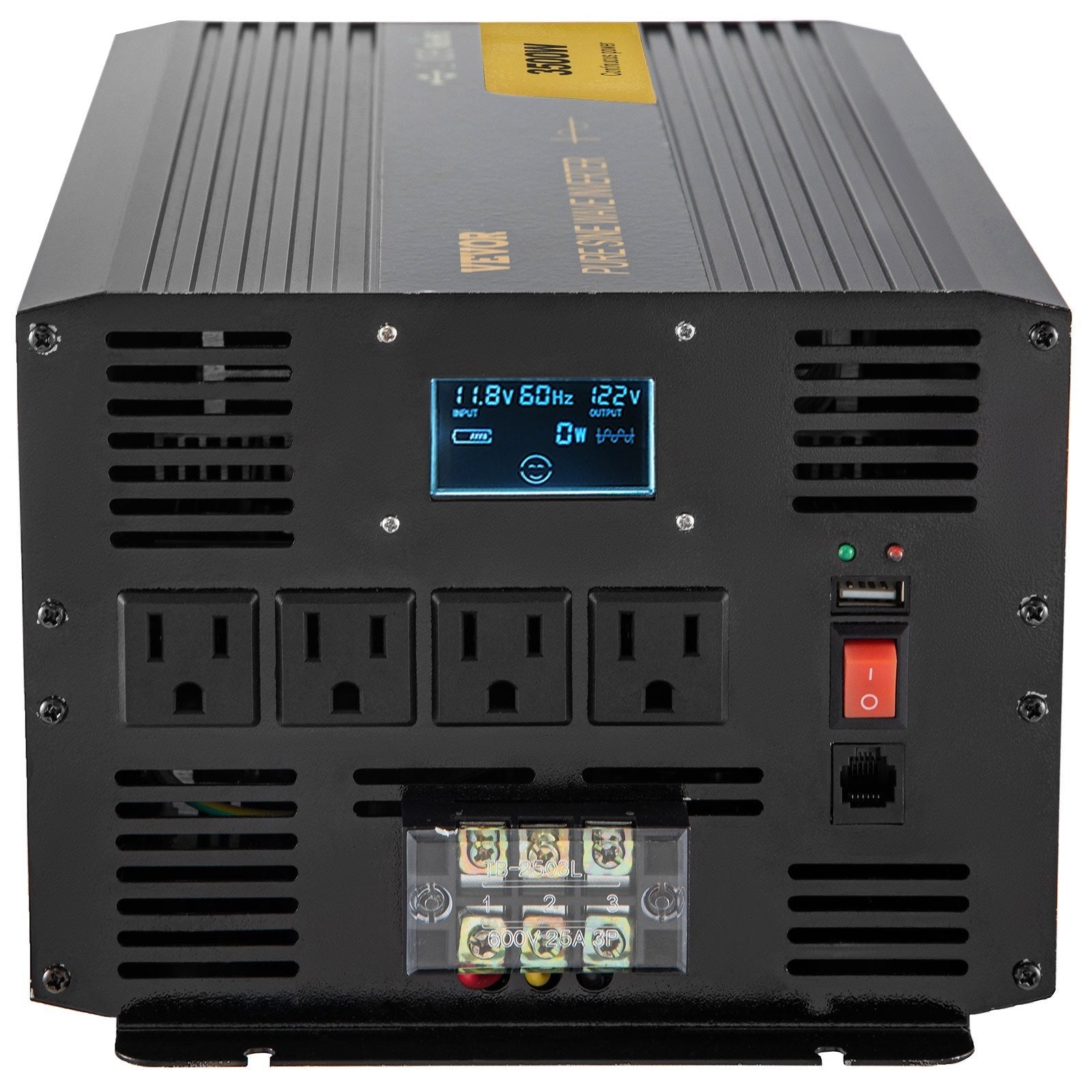 VEVOR Pure Sine Wave Inverter 3500 Watt Power Inverter, DC 12V to AC 120V Car Inverter, with USB Port LCD Display Remote Controller and AC Outlets (GFCI), for RV Truck Car Solar System Travel Camping