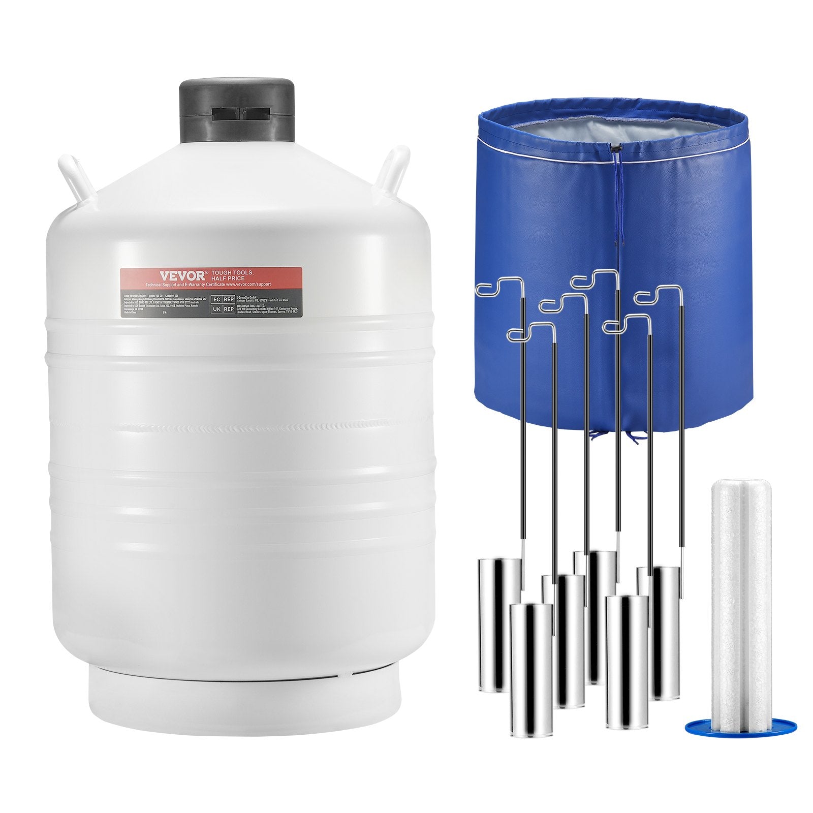 VEVOR Liquid Nitrogen Tank 30 L Aluminum Alloy LN2 Container Dewar 6 Canisters