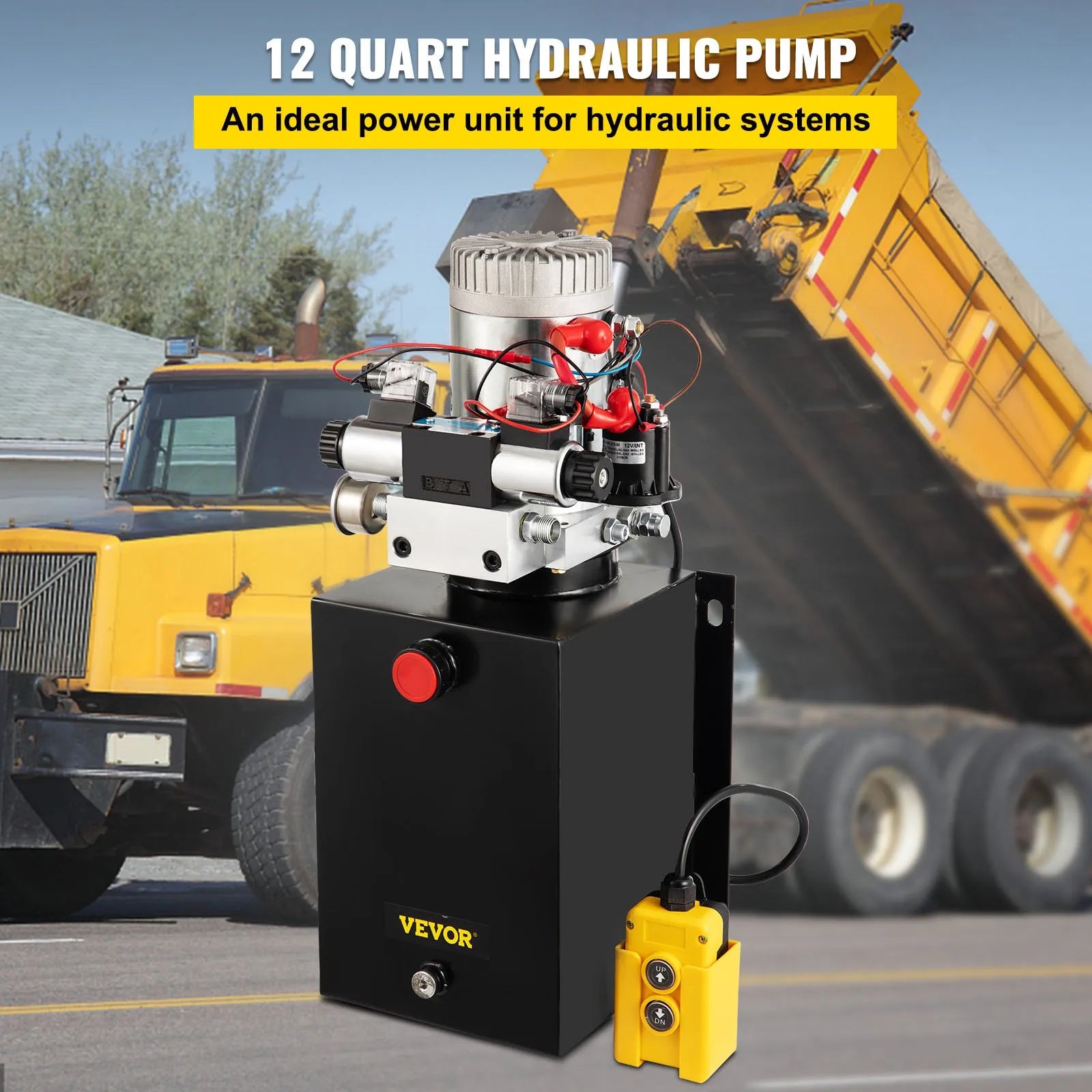 VEVOR Hydraulic Power Unit 12 Volt Dump Trailer Hydraulic Pump Double Acting 12 Quart Hydraulic Pump Electric Hydraulic Cylinder Pump with Brass Pressure Gauge for Dump Trailer Lift Gates & Trucker