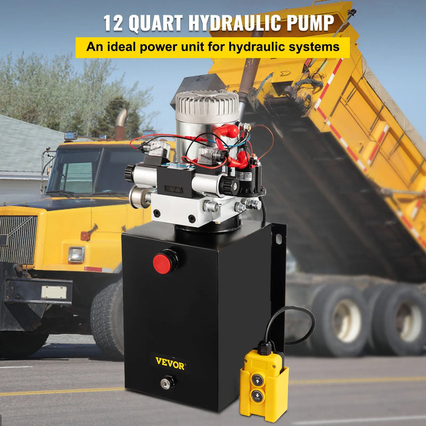 VEVOR Hydraulic Power Unit 12 Volt Dump Trailer Hydraulic Pump Double Acting 12 Quart Hydraulic Pump Electric Hydraulic Cylinder Pump with Brass Pressure Gauge for Dump Trailer Lift Gates & Trucker