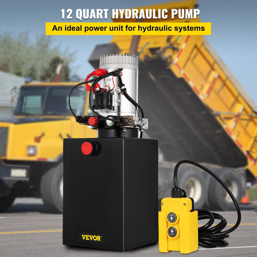 VEVOR Hydraulic Pump Double Acting Hydraulic Power Unit 12V DC Dump Trailer Pump 3200PSI Hydraulic Power Unit for Dump Trailer Car Lifting (12 Quart, Steel/Double Acting)