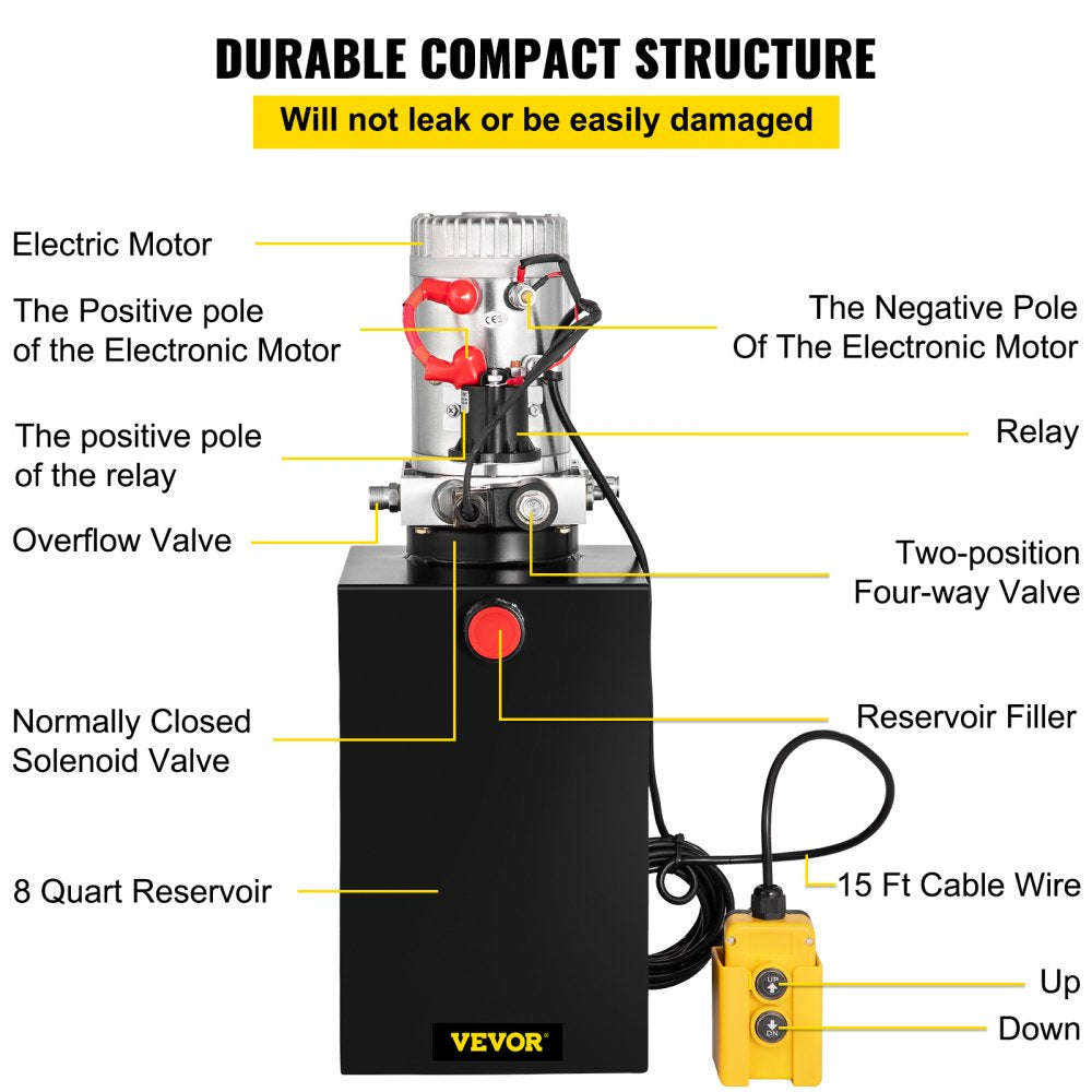 VEVOR Single Acting 15 Quart Hydraulic Pump 12V DC Hydraulic Power Unit 3.75 Gallon Dump Trailer Pump Steel Hydraulic Power Unit