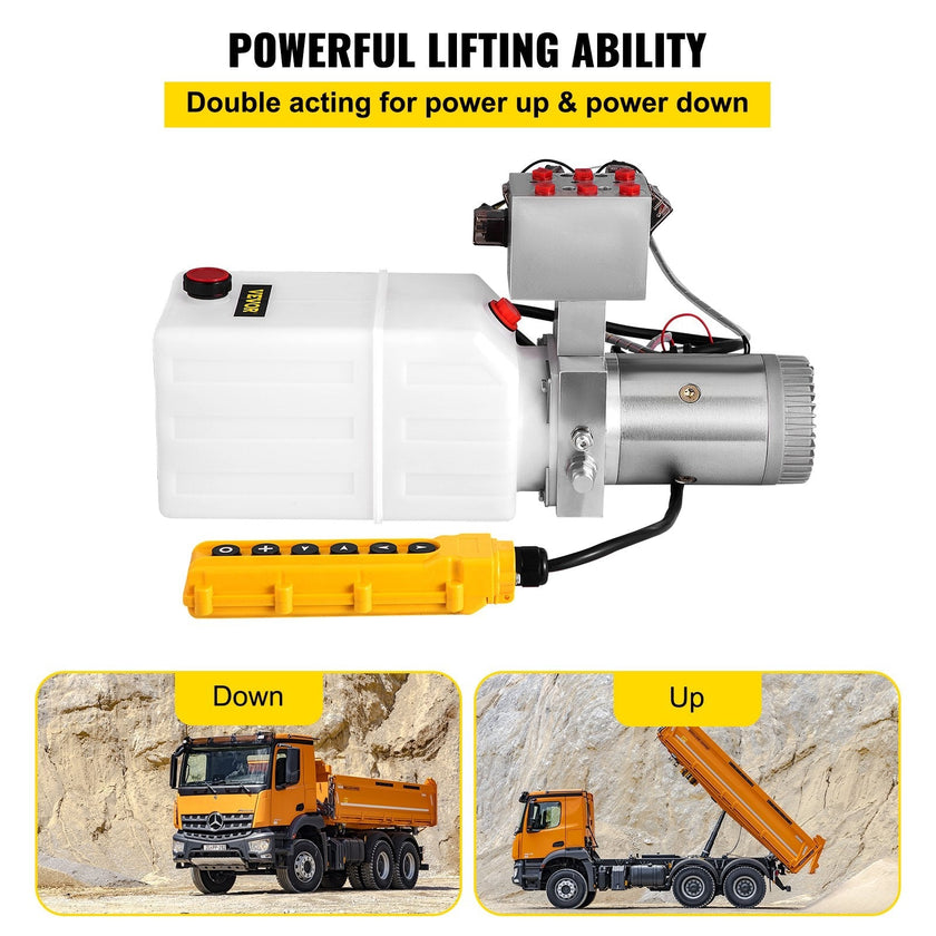 VEVOR Hydraulic Power Unit 6 Way 6 Quart Hydraulic Pump Double Acting Hydraulic Power Unit 12V DC Dump Trailer Car Remote with Plastic Oil Reservoir (Plastic, Double Acting)
