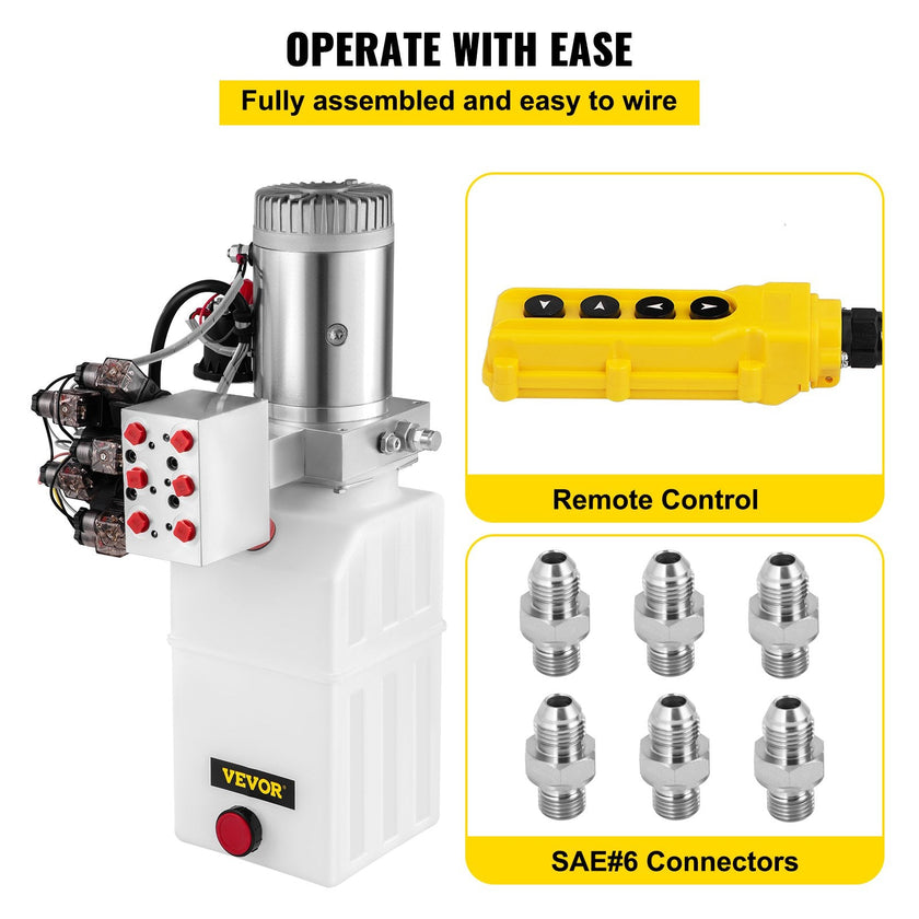 VEVOR Hydraulic Power Unit 6 Way 6 Quart Hydraulic Pump Double Acting Hydraulic Power Unit 12V DC Dump Trailer Car Remote with Plastic Oil Reservoir (Plastic, Double Acting)