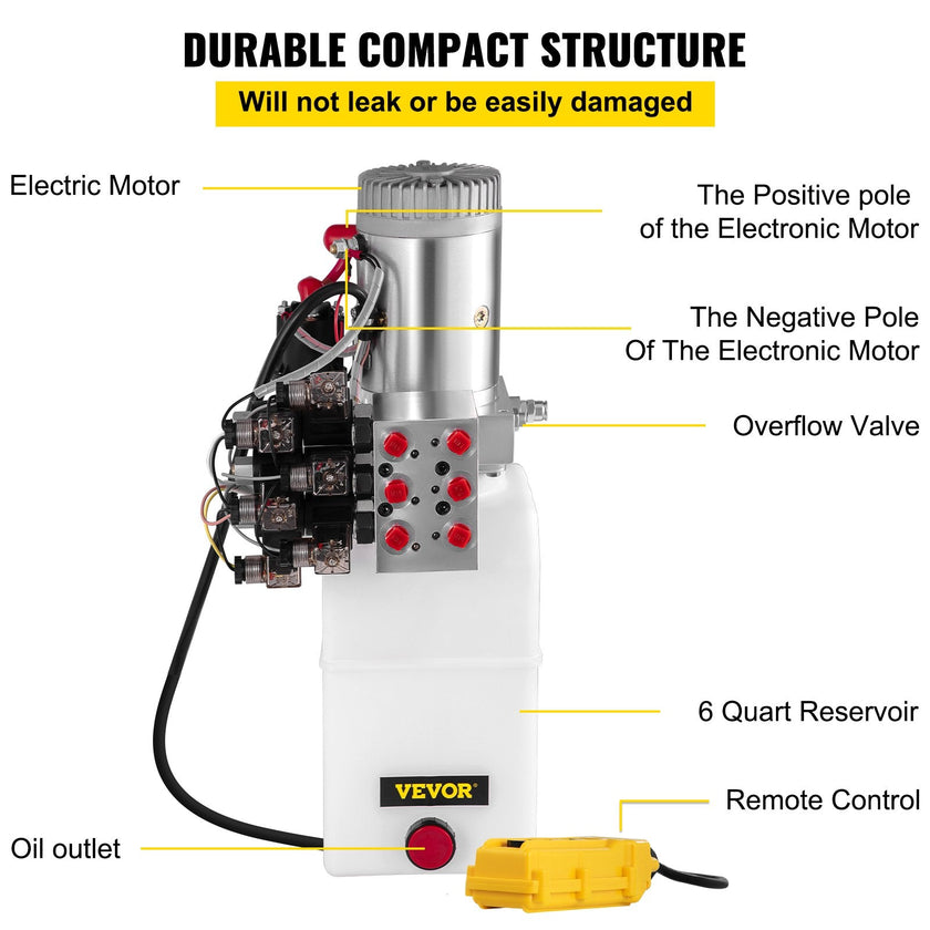 VEVOR Hydraulic Power Unit 6 Way 6 Quart Hydraulic Pump Double Acting Hydraulic Power Unit 12V DC Dump Trailer Car Remote with Plastic Oil Reservoir (Plastic, Double Acting)