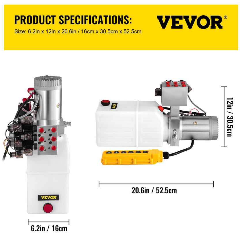 VEVOR Hydraulic Power Unit 6 Way 6 Quart Hydraulic Pump Double Acting Hydraulic Power Unit 12V DC Dump Trailer Car Remote with Plastic Oil Reservoir (Plastic, Double Acting)