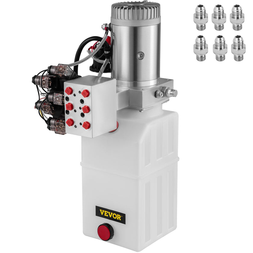 VEVOR Hydraulic Power Unit 6 Way 6 Quart Hydraulic Pump Double Acting Hydraulic Power Unit 12V DC Dump Trailer Car Remote with Plastic Oil Reservoir (Plastic, Double Acting)