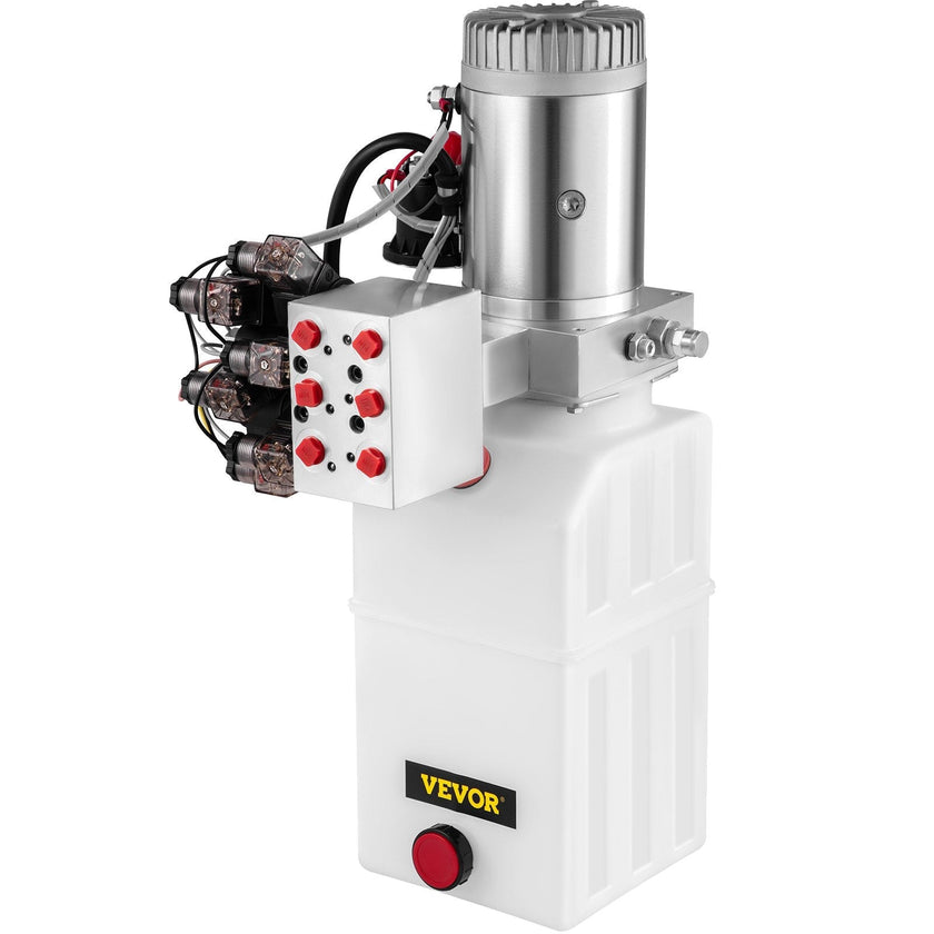 VEVOR Hydraulic Power Unit 6 Way 6 Quart Hydraulic Pump Double Acting Hydraulic Power Unit 12V DC Dump Trailer Car Remote with Plastic Oil Reservoir (Plastic, Double Acting)
