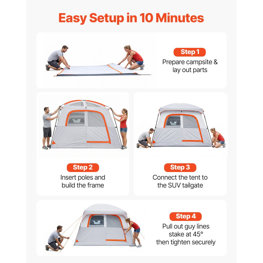 VEVOR Large SUV Tent for 6 Person, 10' x 9' Waterproof Tailgate Camping Tent, PU2000mm 3-Season Car Tent with Mesh Windows & Ventilated Doors