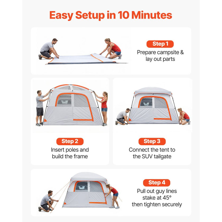 VEVOR Large SUV Tent for 6 Person, 10' x 9' Waterproof Tailgate Camping Tent, PU2000mm 3-Season Car Tent with Mesh Windows & Ventilated Doors