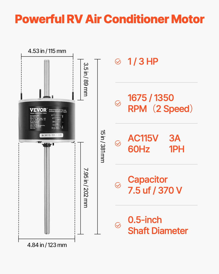 VEVOR 1/3HP RV AC Fan Motor AC115V 3A 1675RPM Single Phase 7.5uf/370V Capacitor