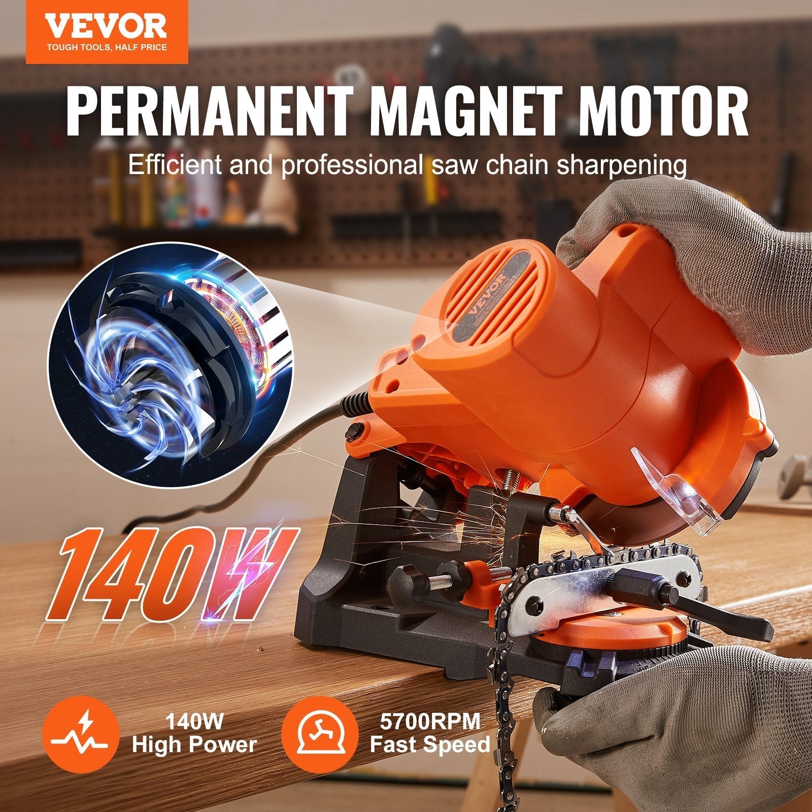 VEVOR Electric Chainsaw Sharpener, 140W Electric Saw Chain Blade Sharpener 5700RPM, Professional Bench Chain Saw Sharpening Tool with 3 Grinding Wheels Fit 0.25