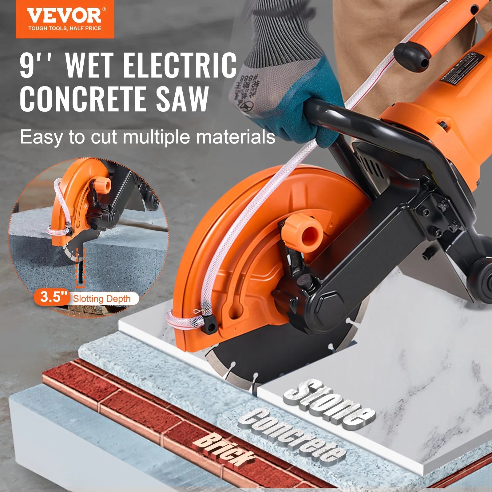 VEVOR Electric Concrete Saw, 9 in, 1800 W 15 A Motor Circular Saw Cutter with 3.5 in Cutting Depth, Wet/Dry Disk Saw Cutter Includes Water Line, Pump and Blade, for Stone, Brick