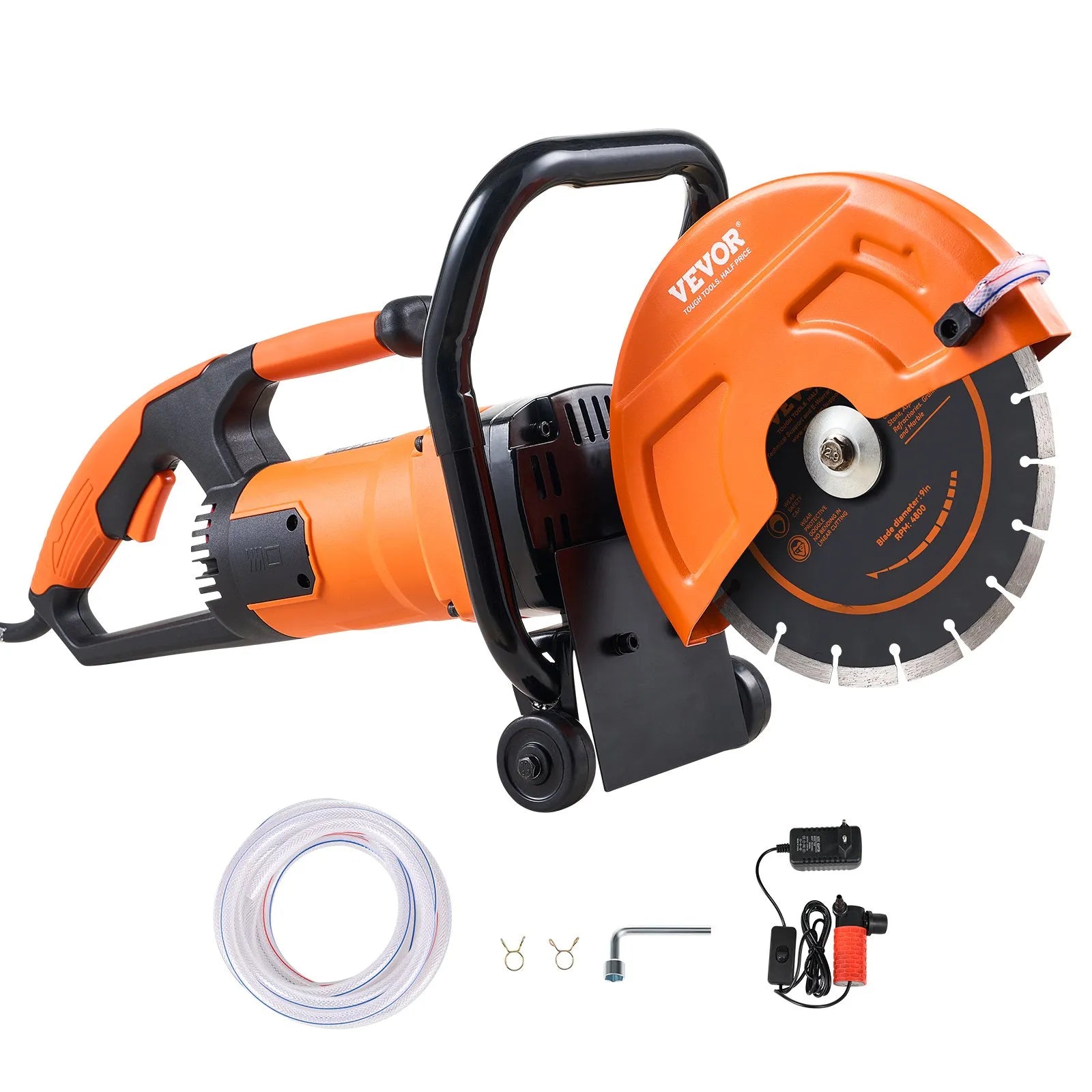 VEVOR Electric Concrete Saw, 9 in, 1800 W 15 A Motor Circular Saw Cutter with 3.5 in Cutting Depth, Wet/Dry Disk Saw Cutter Includes Water Line, Pump and Blade, for Stone, Brick