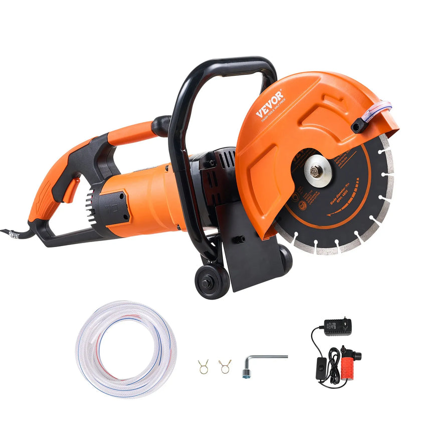 VEVOR Electric Concrete Saw, 9 in, 1800 W 15 A Motor Circular Saw Cutter with 3.5 in Cutting Depth, Wet/Dry Disk Saw Cutter Includes Water Line, Pump and Blade, for Stone, Brick