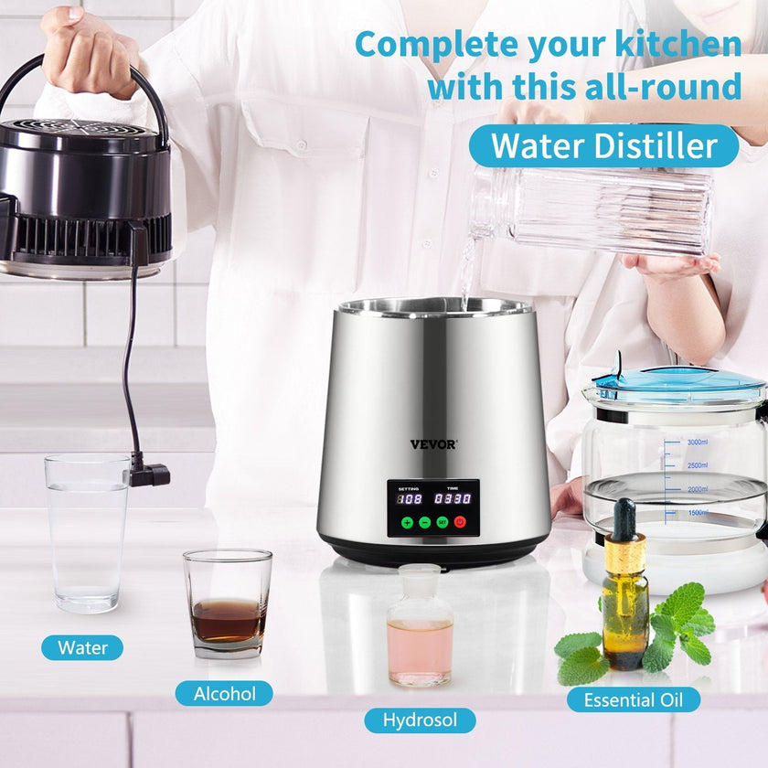 VEVOR 1.1Gal Water Distiller, 0.3Gal/H, 750W Distilled Water Maker Machine 0-99H Timing Set Temp Display, 304 Stainless Steel Countertop Distiller Glass Carafe Cleaning Powder 3 Carbon Packs, Silver