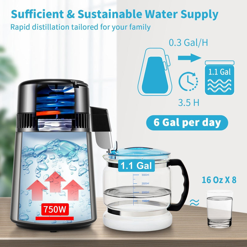 VEVOR 1.1Gal Water Distiller, 0.3Gal/H, 750W Distilled Water Maker Machine 0-99H Timing Set Temp Display, 304 Stainless Steel Countertop Distiller Glass Carafe Cleaning Powder 3 Carbon Packs, Silver