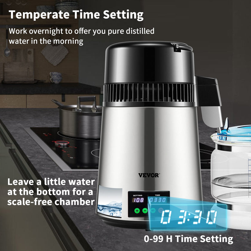 VEVOR 1.1Gal Water Distiller, 0.3Gal/H, 750W Distilled Water Maker Machine 0-99H Timing Set Temp Display, 304 Stainless Steel Countertop Distiller Glass Carafe Cleaning Powder 3 Carbon Packs, Silver
