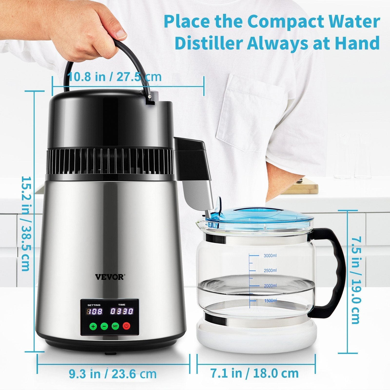 VEVOR 1.1Gal Water Distiller, 0.3Gal/H, 750W Distilled Water Maker Machine 0-99H Timing Set Temp Display, 304 Stainless Steel Countertop Distiller Glass Carafe Cleaning Powder 3 Carbon Packs, Silver
