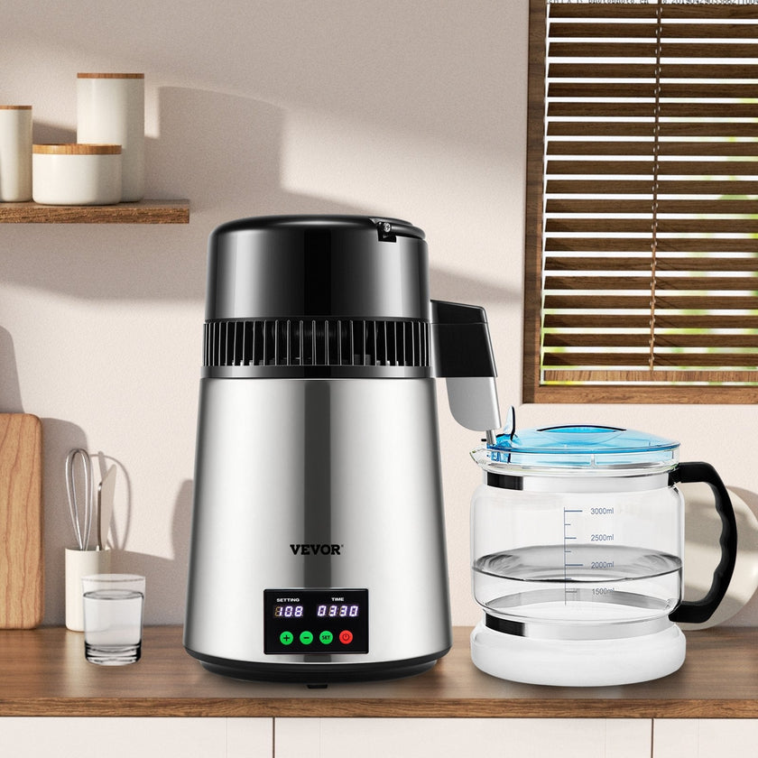 VEVOR 1.1Gal Water Distiller, 0.3Gal/H, 750W Distilled Water Maker Machine 0-99H Timing Set Temp Display, 304 Stainless Steel Countertop Distiller Glass Carafe Cleaning Powder 3 Carbon Packs, Silver
