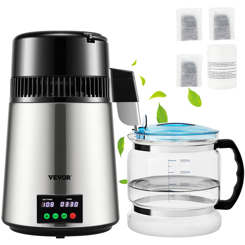 VEVOR 1.1Gal Water Distiller, 0.3Gal/H, 750W Distilled Water Maker Machine 0-99H Timing Set Temp Display, 304 Stainless Steel Countertop Distiller Glass Carafe Cleaning Powder 3 Carbon Packs, Silver
