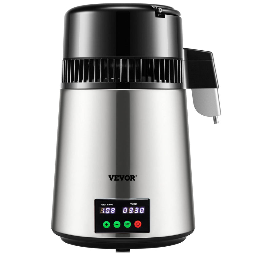 VEVOR 1.1Gal Water Distiller, 0.3Gal/H, 750W Distilled Water Maker Machine 0-99H Timing Set Temp Display, 304 Stainless Steel Countertop Distiller Glass Carafe Cleaning Powder 3 Carbon Packs, Silver