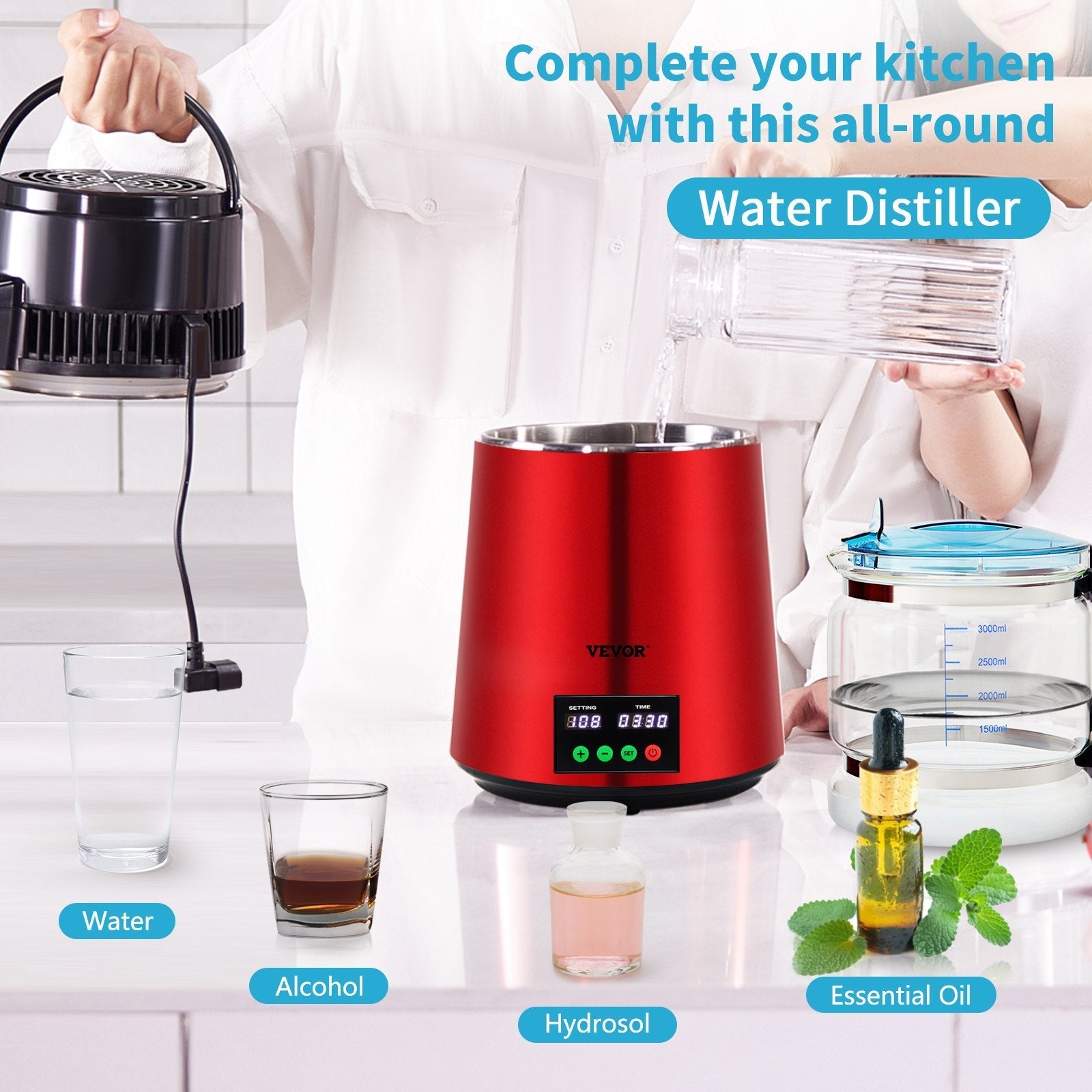 VEVOR 1.1Gal Water Distiller, 0.3Gal/H, 750W Distilled Water Maker Machine 0-99H Timing Set Temp Display, 304 Stainless Steel Countertop Distiller Glass Carafe Cleaning Powder 3 Carbon Packs, Red