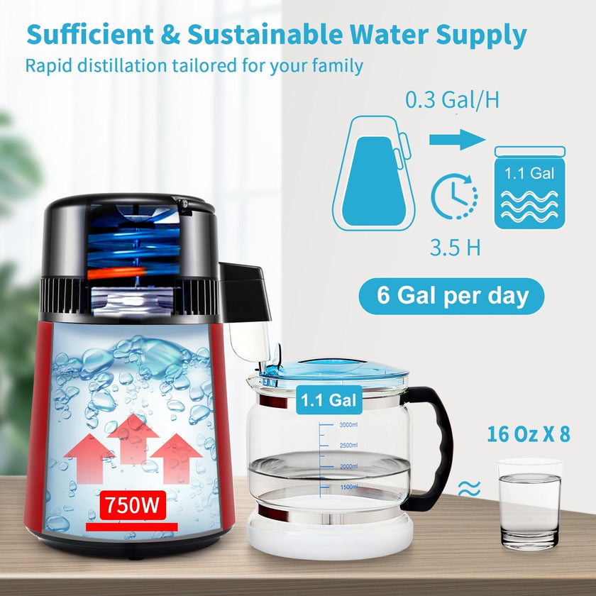 VEVOR 1.1Gal Water Distiller, 0.3Gal/H, 750W Distilled Water Maker Machine 0-99H Timing Set Temp Display, 304 Stainless Steel Countertop Distiller Glass Carafe Cleaning Powder 3 Carbon Packs, Red