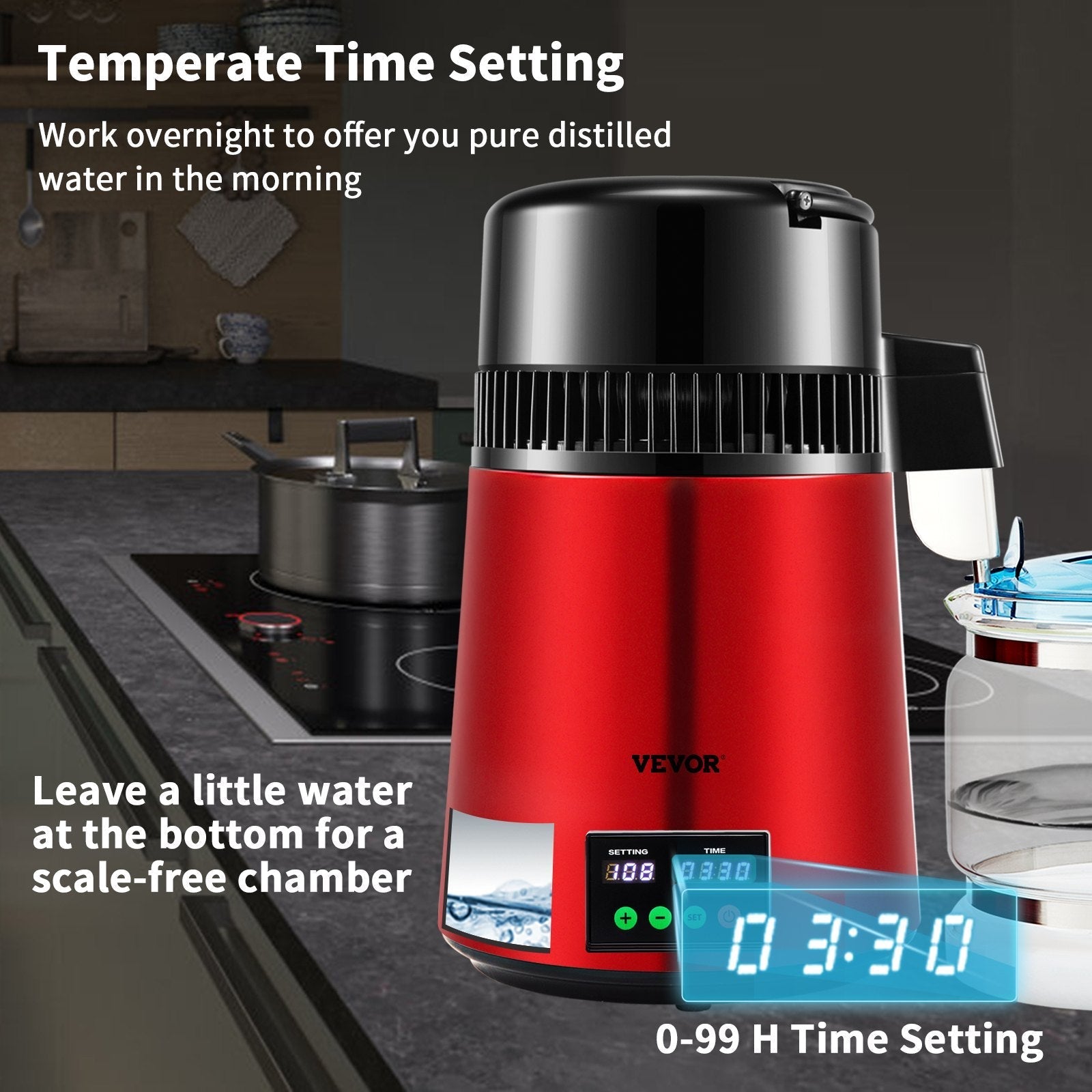 VEVOR 1.1Gal Water Distiller, 0.3Gal/H, 750W Distilled Water Maker Machine 0-99H Timing Set Temp Display, 304 Stainless Steel Countertop Distiller Glass Carafe Cleaning Powder 3 Carbon Packs, Red