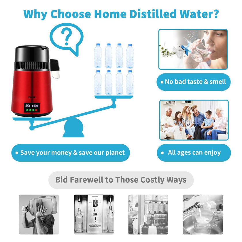 VEVOR 1.1Gal Water Distiller, 0.3Gal/H, 750W Distilled Water Maker Machine 0-99H Timing Set Temp Display, 304 Stainless Steel Countertop Distiller Glass Carafe Cleaning Powder 3 Carbon Packs, Red