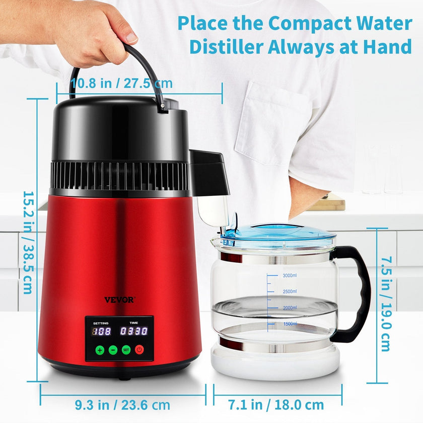 VEVOR 1.1Gal Water Distiller, 0.3Gal/H, 750W Distilled Water Maker Machine 0-99H Timing Set Temp Display, 304 Stainless Steel Countertop Distiller Glass Carafe Cleaning Powder 3 Carbon Packs, Red