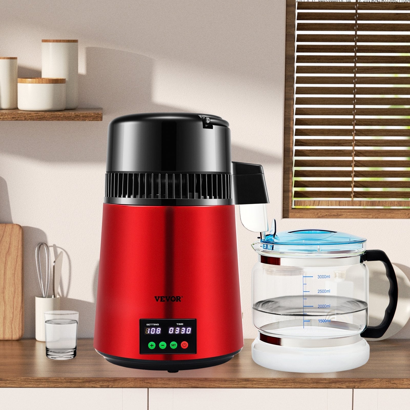VEVOR 1.1Gal Water Distiller, 0.3Gal/H, 750W Distilled Water Maker Machine 0-99H Timing Set Temp Display, 304 Stainless Steel Countertop Distiller Glass Carafe Cleaning Powder 3 Carbon Packs, Red